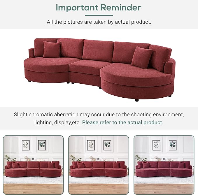 Merax 129 inches 3-Seater Curved Chenille Sofa, Modern Upholstered Living Room Couch with Thick Cushions, Includes 2 Throw Pillows, Easy Assembly, Red