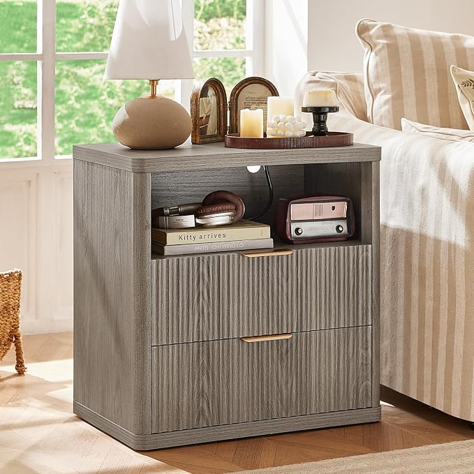LEYAOYAO Fluted Farmhouse Nightstand Set of 2 with Charging Station, 23" Wide 2 Drawers End Table,Grey Dresser for Bedroom,Bed Side Table Chest of Drawers Cabinet,Wood Night Stand for Living Room - Image 5