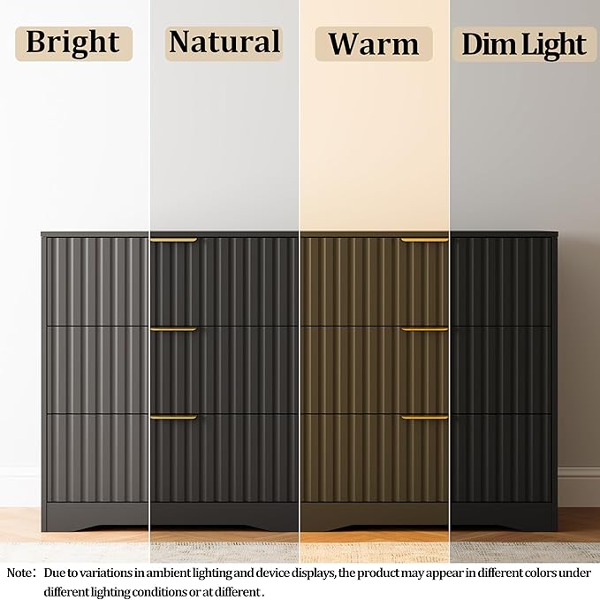 6 Drawer Dresser and Nightstand Sets for Bedroom, Modern Fluted 3 Pcs Bedroom Dresser Furniture Sets, Wood Chest of Drawers and Nightstand Set of 2 with Metal Handles, Black