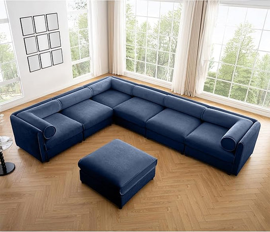 KEIKI 143" Large Modular Chenille Sectional Sofa with Storage Seat, 1 Ottoman, Modern 6-Seater Couch with Cylindrical Backrest and 2 Armrests, Easy Assembly, for Apartment, Living Room, Blue