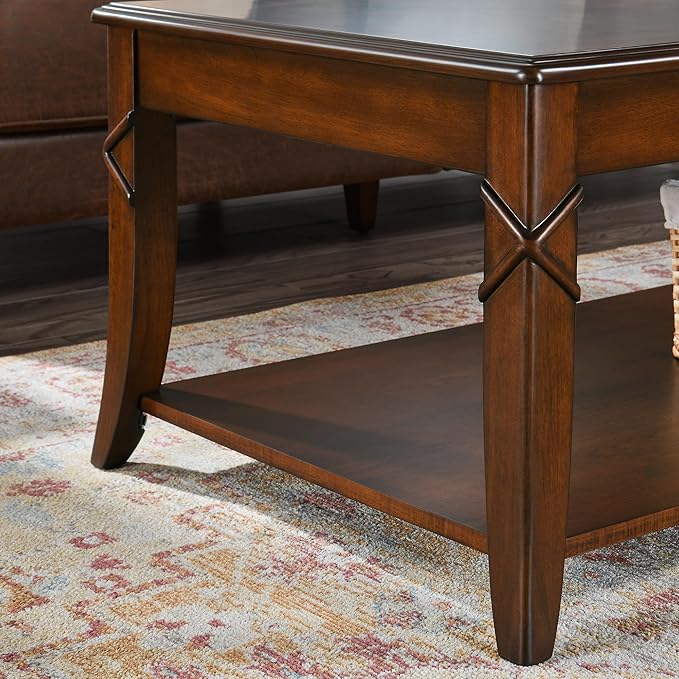 Living Room Tables Set of 3- One Coffee Table and Two End Table with Carved Tabletop and Leg, Mid-Century Sofa Beside Table and Center Table with Carved Legs, Easy Assembly, Cherry Brown KFZ-CJZ-DR200