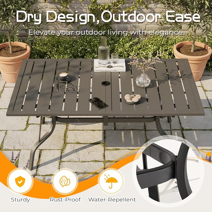 EROMMY 7-Piece Outdoor Patio Dining Set, 6 Wicker Swivel Rocking Chairs with 4" Cushions, Rectangular Table with Adjustable Umbrella Hole for Backyard, Deck, Black - Image 6