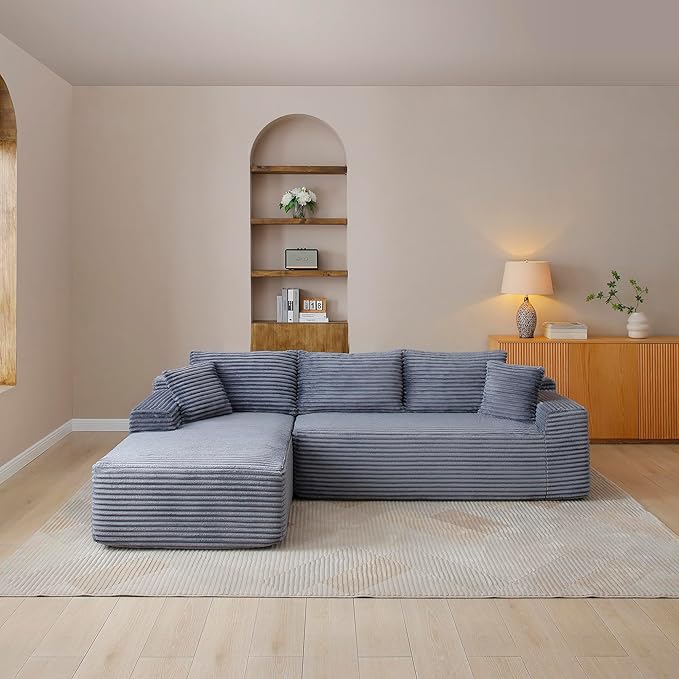 105-Inch L-Shaped Left Facing Corner Compressed Sofa Modular Sectional Boneless Cloud Sofa Floor Foam Couch with Chaise Lounge, Corduroy Corner Boneless Cloud Couch