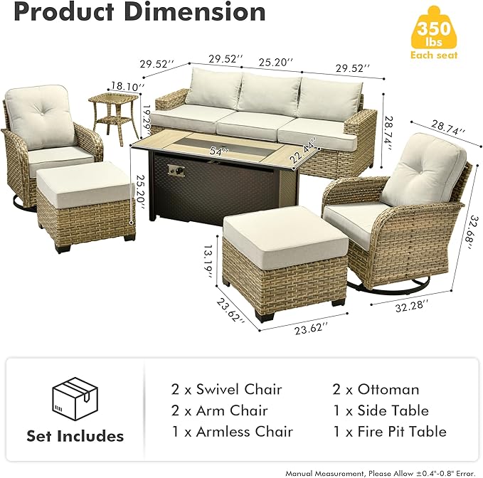 HOOOWOOO Outdoor Sectional Patio Furniture Set with Fire Pit Table,9 Pieces Wicker Conversation Sets,Extra Deep Out Door Sofa Outside Furniture Couch Swivel Chairs Ottoman,Denim Blue