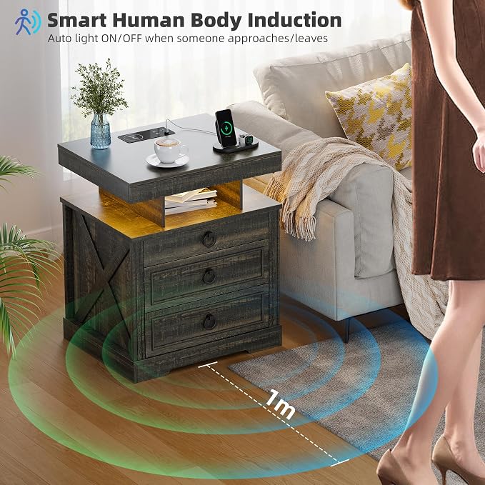 Nightstand Set 2 with Gun Drawer,LED Bedside Table with Charging Station,Night Stand with Human Sensor Design and 3 Open Shelves, Modern End Tables Bedroom, Brown - Image 8