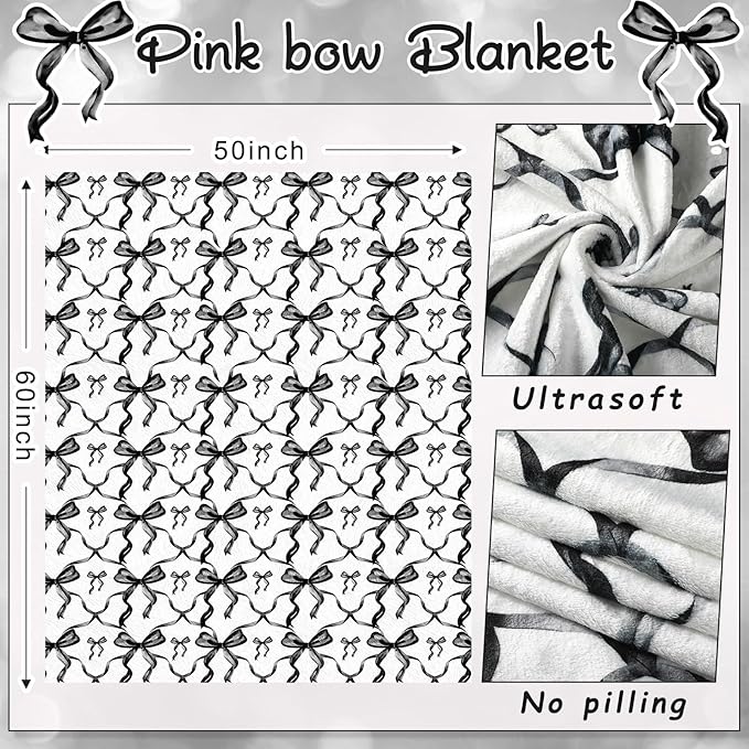 Buryeah Black Bow Throw Blanket Valentine's Day Galentines Day Gifts Preppy Blanket Coquette 50 X60 Flannel Soft Cute Bow Lightweight Aesthetic Room Decor for Women Friends for Sofa Couch Travel Bed