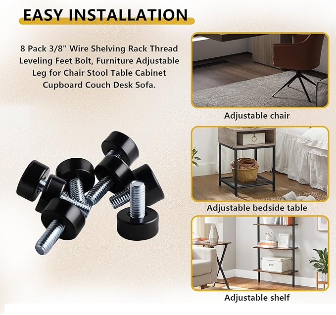 8 Pack Adjustable Rubber Furniture Levelers, 3/8"-20 UNC Threaded Screw-in Rubber Legs for Tables, Chairs, Cabinets, Wire Rack, Sofa - Heavy Duty Floor Protectors