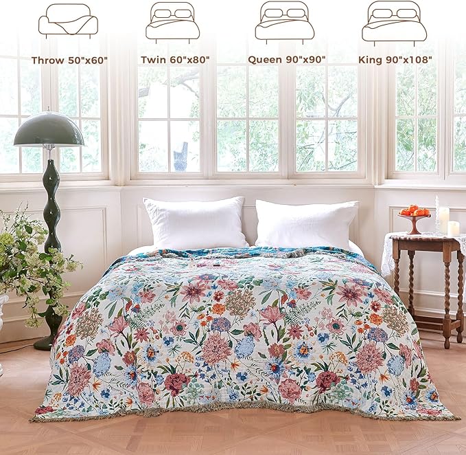 LUTBM Boho Throw Blanket for Couch Sofa Chair Cotton Spring Blankets for Bedroom Living Room All Season Lightweight Reversible Floral Embroidery Throws 50"x60"