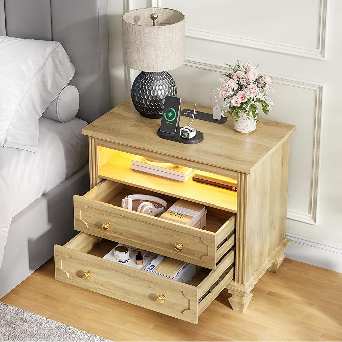 FREDEES 28'' Wide Night Stand with 2 Drawers, Smart Bedside Table with Outlet & Charger Station, Large Nightstand with 3 LED Lights, Farmhouse Solid Wood Leg for Bedroom, Natural Wood - Image 5