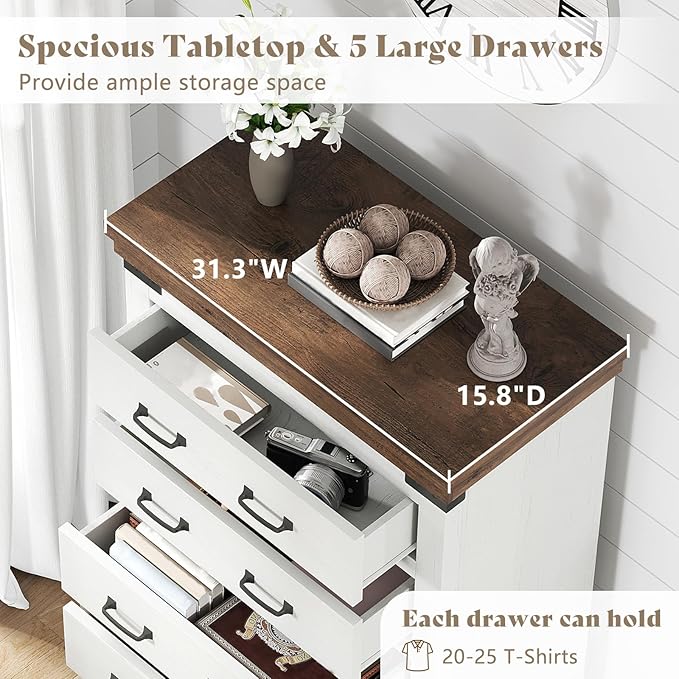 AMERLIFE 2 Pieces Farmhouse Bedroom Set, Includes Wood Rustic Full Size Bed Frame with 54" Tall Headboard, 48" Tall 5 Drawers Dresser Chest, Heavy Duty Thick Plank Styling, Antique White