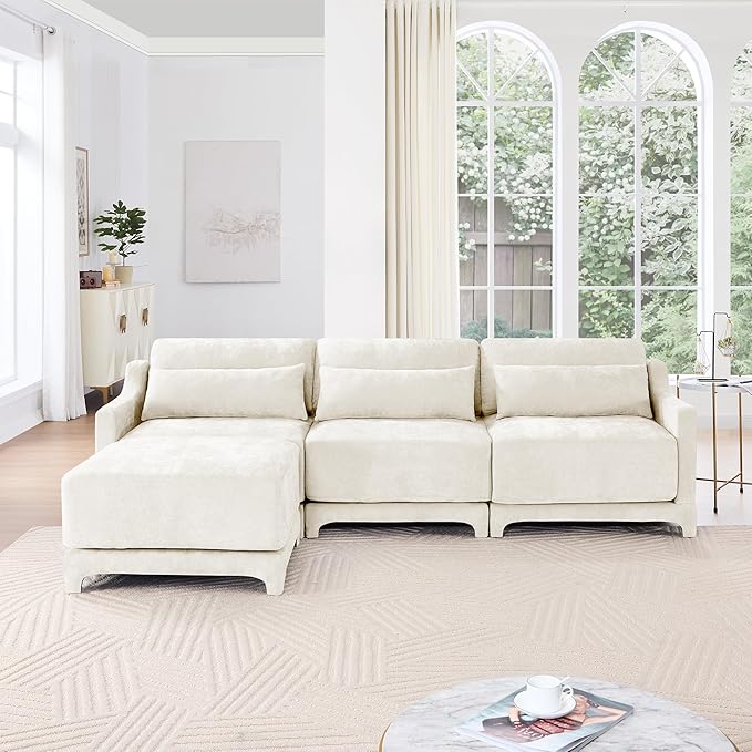 Ball & Cast 105.9” Modular Sectional Sofa, Comfy Cloud Couch with Lumbar Pillows and Ottoman, Deep Seat Chenille L Shaped Modular Sofa, Sectional Couches for Living Room, Bedroom and Apartment, Beige