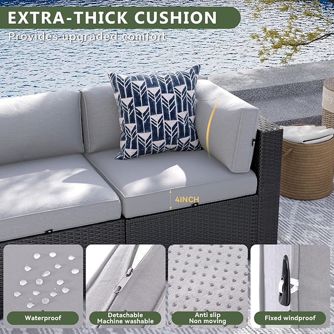 Aoxun 8 Piece Patio Furniture Set with 44” Fire Pit Table, Wicker Rattan Patio Sectional Sofa, Outdoor Furniture Set with Thickened Cushion, Light Gray