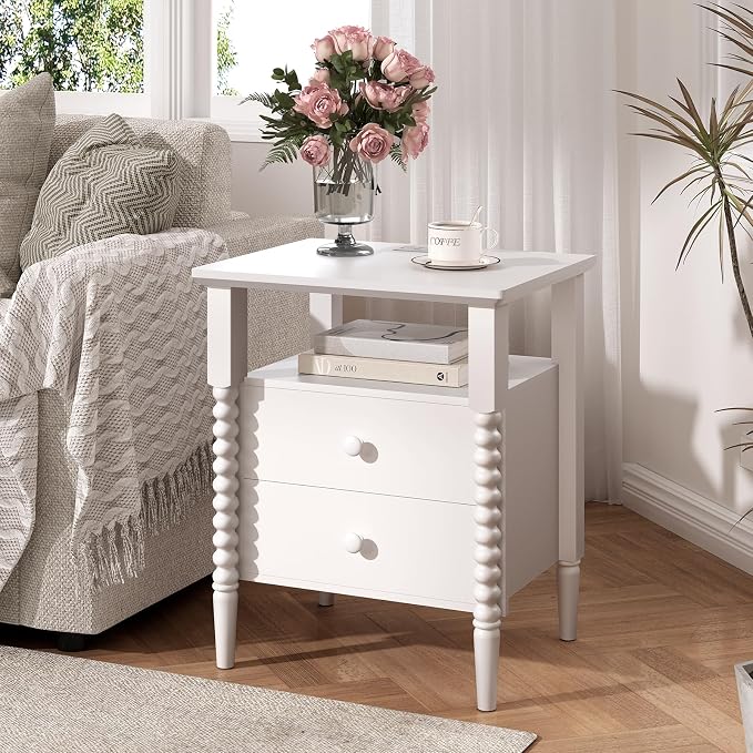 JOINICE White Night Stand Set 2, Vintage Nightstand with Charging Station, Bedside Table with 2 Drawers, End Table with Solid Wood Legs, Bed Side Tables for Bedroom, White - Image 9