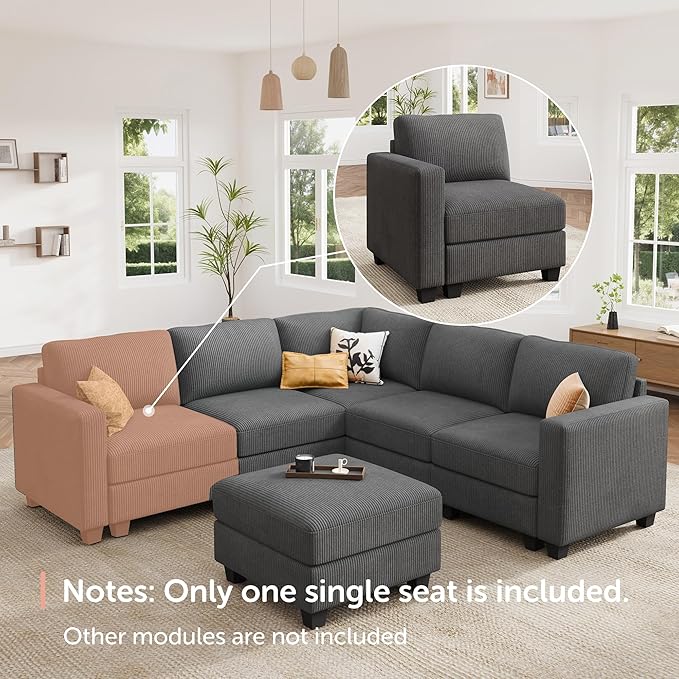 HONBAY Modular Sectional Sofa, Single Chair for Sectional Couch, Grey