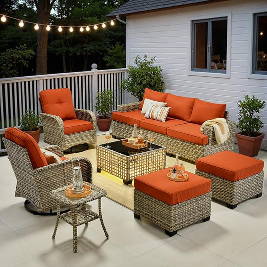 ovios 9 Piece Patio Sectional Furniture with Swivel Rocking Chairs, Rattan Wicker Coversation Set with Glowing Coffee Table, Outdoor Sofa Set for Outside Porch Balcony Backyard Pool, Orange