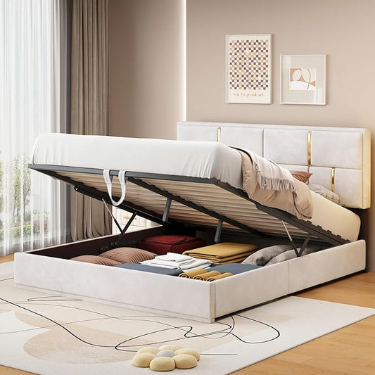 Queen Size Lift Up Storage Bed, PU Leather Upholstered Platform Bed with Hydraulic Storage System and Wooden Slats Support, No Box Spring Needed - Beige
