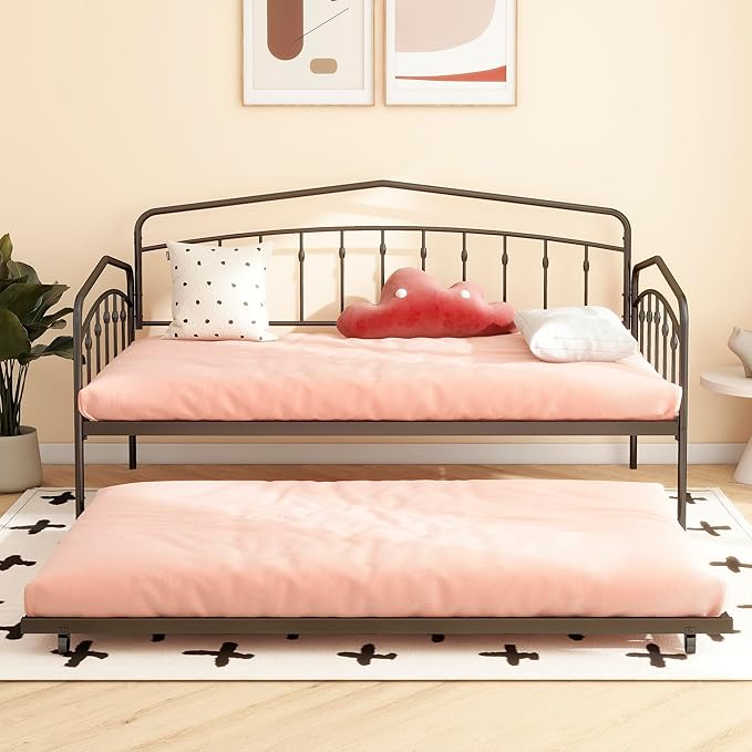 GDFStudio Twin Daybed with Trundle,Metal Sofa Bed Set,Rollaway Daybed Couch Bed Frame for Bedroom Living Room Guest Room Black