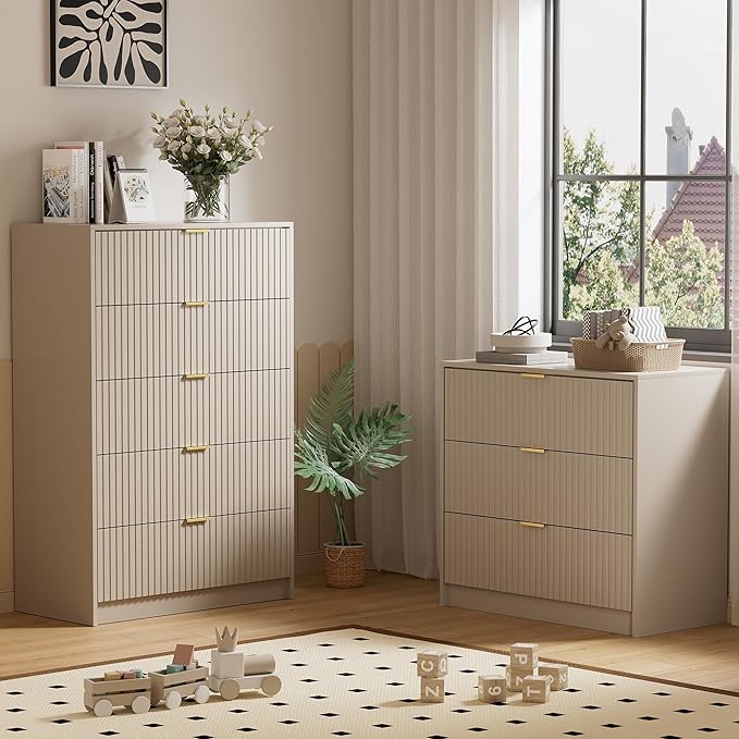 Furniway Beige Dresser Bedroom Set 3 Pieces, Nightstands Sets of 2, 5 Drawer Dresser with Gold Handles for Bedroom