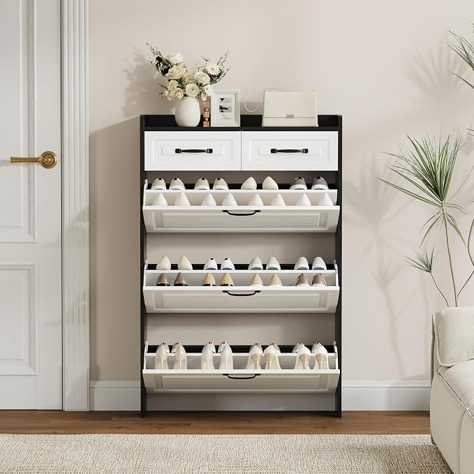 Shoe Cabinet with 3 Large Flip Drawers & 2 Storage Drawers, Narrow Shoe Organizer Cabinet Fits for Kinds of Shoes, Slim Shoe Storage Cabinet for Entryway, Hallway, Bedroom, Black and White - Image 5