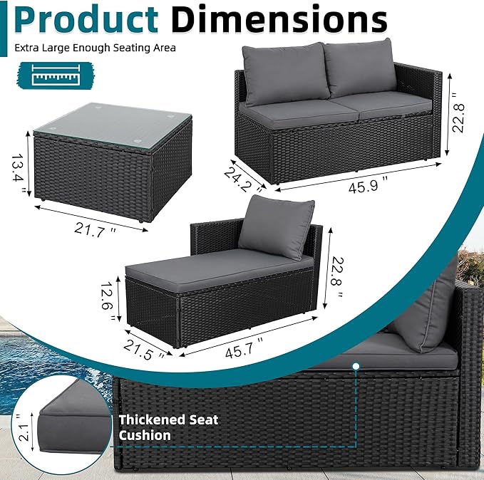 SUNLEI 3-Piece Patio Sectional Sofa, Outdoor PE Rattan Patio Conversation Sofa Set with Detachable Soft Cushions, Patio Furniture Set with Glass Coffee Table & Ottoman, Black Rattan/Grey