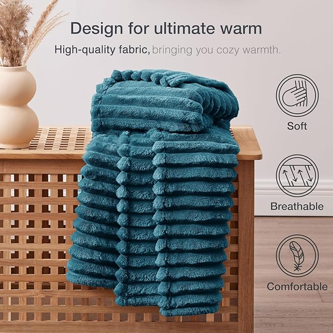 EXQ Home Fleece Throw Blanket for Couch or Bed - 3D Stripe Jacquard Decorative Blankets - Cozy Soft Lightweight Fuzzy Flannel Blanket Suitable for All Seasons(50"??60",Teal)
