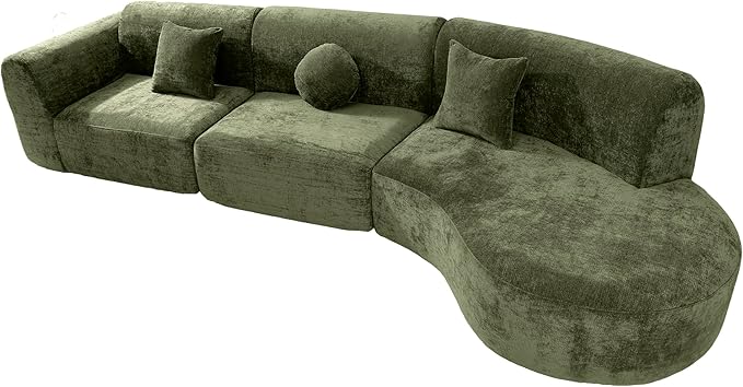 Merax 140" Curved Polyester Sectional Sofa Set, 7 Seat Modern Cloud Couch with Chaise Lounge,3 Pillows, Fully Assembled for Living Room, Green
