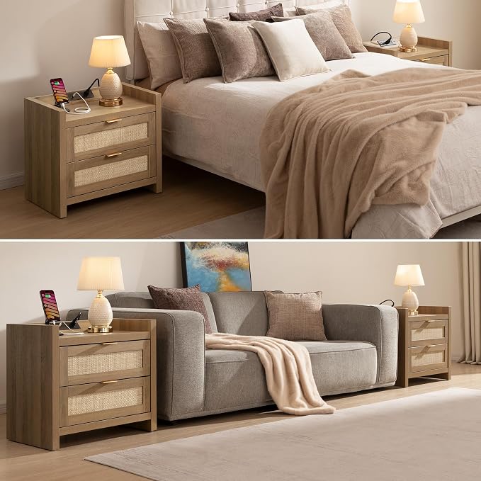 SICOTAS Rattan Nightstand End Table - Night Stand Bedside Table with Type-C Charging Station, 2 Drawers Storage - Boho Night Stands for Bedroom - Natural Oak - Image 7