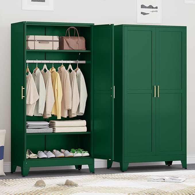 Ckzbx 71" H Metal Armoire Wardrobe Closet, Adjustable Shelve, Clothes Drying Pole, Steel Wardrobe Cabinet for Bedroom (Green)