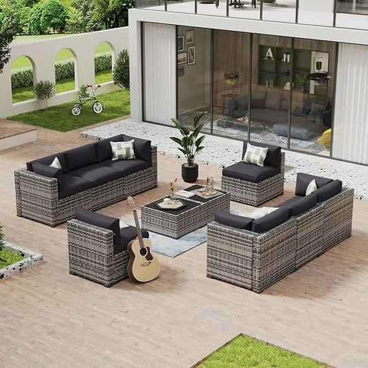Aoxun 10 Piece Patio Furniture Set Wicker Rattan Patio Conversation Set Outdoor Sectional Sofa Set with Coffee Table and Thickened Cushions, Gray/Black(Waterproof Cover Included)