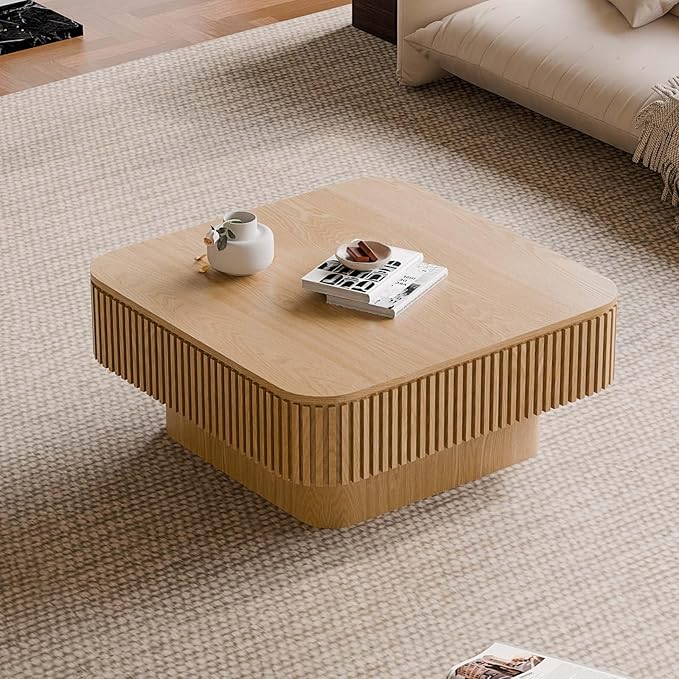 31.5'' Small Square Coffee Table with Storage, Fluted Coffee Table with Solid Wood Veneered, Mid Century Modern Wooden Center Table, Accent Tea Table for Small Space Living Room Apartment, Natural