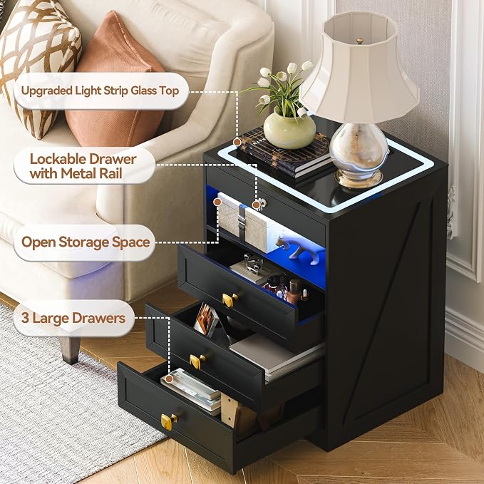 HNEBC Smart Night Stand with Gun Drawer,Glass Top Nightstand with Charging Sation,LED Bedside Table with 3 Color Lights,End Table with Glass Desktop,3 Drawers for Bedroom,Black - Image 7