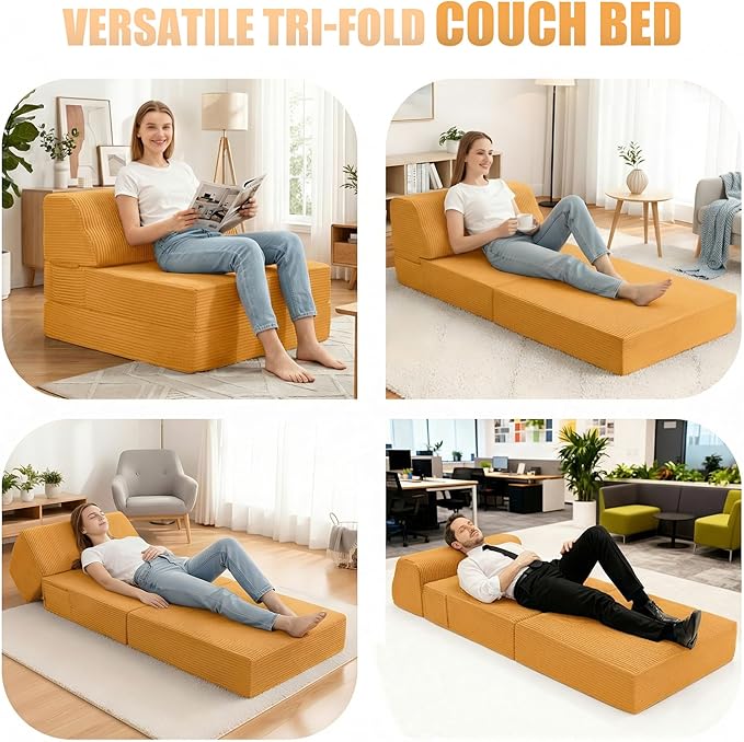 Folding Sofa Bed with Pillow, Memory Foam Fold Out Chair Bed, Convertible Sleeper Chair with Washable Cover, Futon Floor Couch for Living Room/Dorm/Guest Use/Home Office/Apartment,Orange