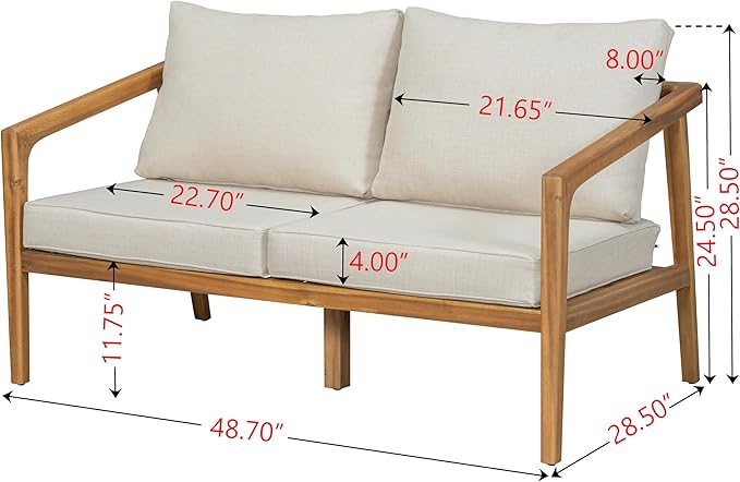 Christopher Knight Home Dena Patio 4-Piece Conversation Set, Outdoor 4-Seater Acacia Wood Sofa Chat Set,Garden Furniture,Loveseat,Coffee Table,Set of 2 Club Chairs, Removable Cushions, Teak+ Beige