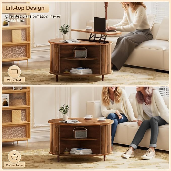 Round Lift Top Coffee Table, 31.5" Fluted Wood Accent Coffee Table with 180° Curved Sliding Door, Hidden Storage, Mid Century Modern Center Table for Living Room Office Small Spaces, Walnut