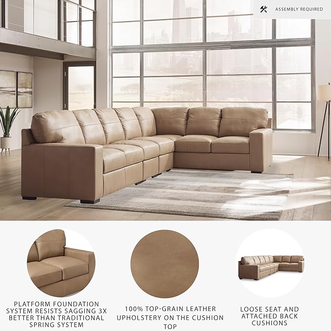 Signature Design by Ashley Bandon Modern Leather Match Right-Arm Facing 4-Piece Sectional with Removable Cushions and Armrest, Light Brown