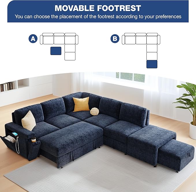 ERYE L-Shaped Multifunctional Sleeper Sectional with Hidden Storage and Cupholders, Modern Pull Out Sleeper Convertible Sofa Bed W/Storage Chaise, Ottoman, USB-C Ports