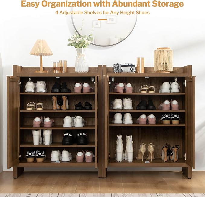SICOTAS Shoe Cabinet Set of 3, Large Capacity Shoe Storage Organizer Cabinet, Tall Rattan Shoe Cabinet with Doors and Shelves, 6-Tier Farmhouse Boho Wooden Storage Cabinet for Entryway Hallway - Image 4