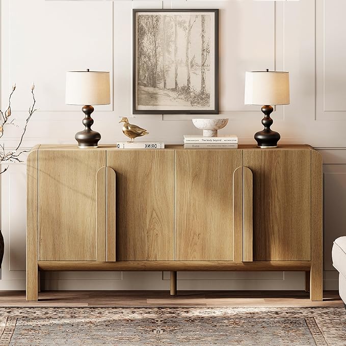 WAMPAT 2 Piece Bedroom Set, Modern 63" Wide Dresser Cabinet and Nightstand Set with Charging Station,Wood Storage Closet Chest with Curved Profile Handles for Bedroom,Light Walnut