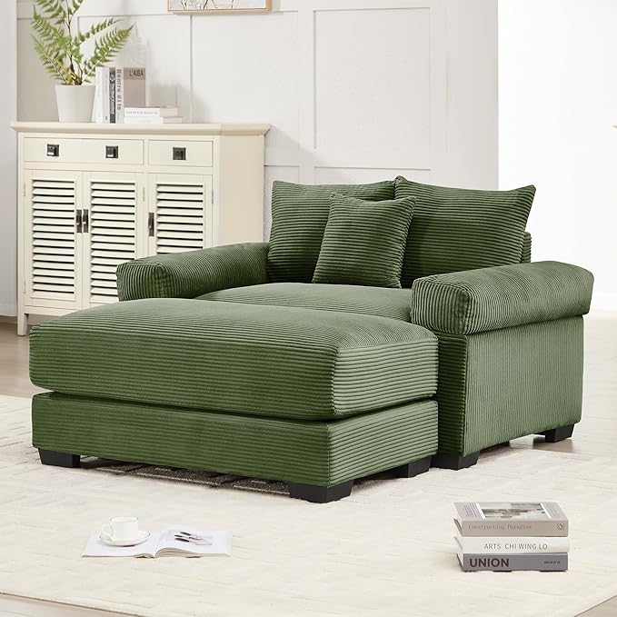 KEIKI 54" Oversized Corduroy Modular Sectional Single Sofa with 1 Ottoman, High-Density Foam Cushions, Extra-Thick Armrests, Modern 1-Seater Lounge Accent Chair with 3 Pillow, for Living Room, Green