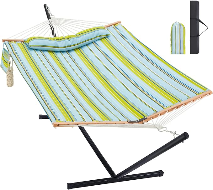Homgava Two Person Hammock with Stand for Outside Heavy Duty, Outdoor Patio Hammock with Portable Steel Stand, Large Double Hammocks,480lbs Capacity.(Light Blue Stripes) by HomgavaLiveWhatYouLove