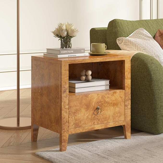 AMERLIFE Mid-Century Modern Nightstand Set of 2 with Drawer, High Gloss Burl Wood Bedside Table, Ample Storage Side Table for Bedroom, Retro Accent End Table, Yellow - Image 6