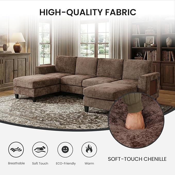 118" Sectional U-Shaped Cloud Couch, Modular Modern 4-Seat Sofa, with USB Type C Ports, Foldable Side Table and 2 Ottomans, for Home Living Room, Brown