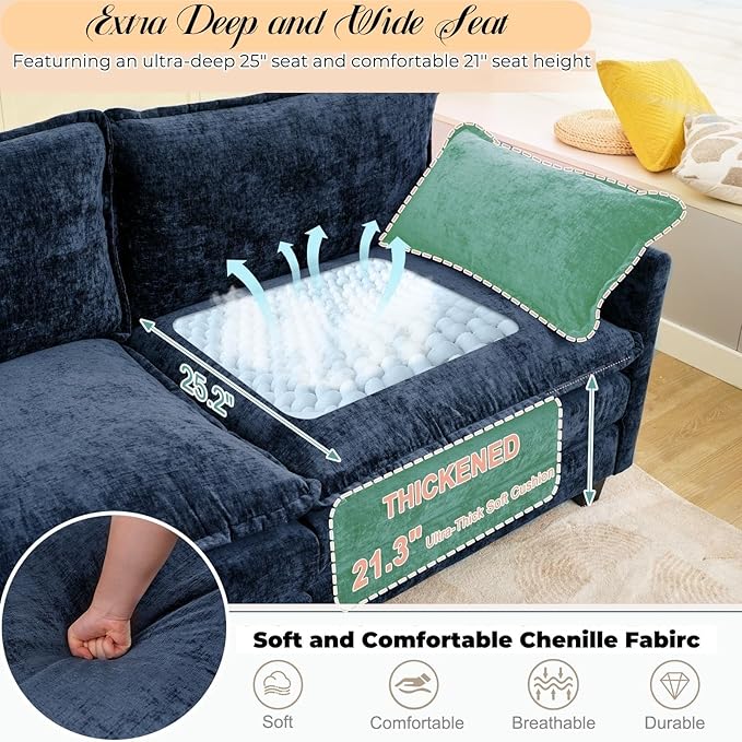 Modular Sectional Cloud Couch, 2 Seat Convertible Sectional Couches Sofa with Ottoman, Convertible L-Shape Cloud Sectionals Couches for Living Room, Apartment, Blue