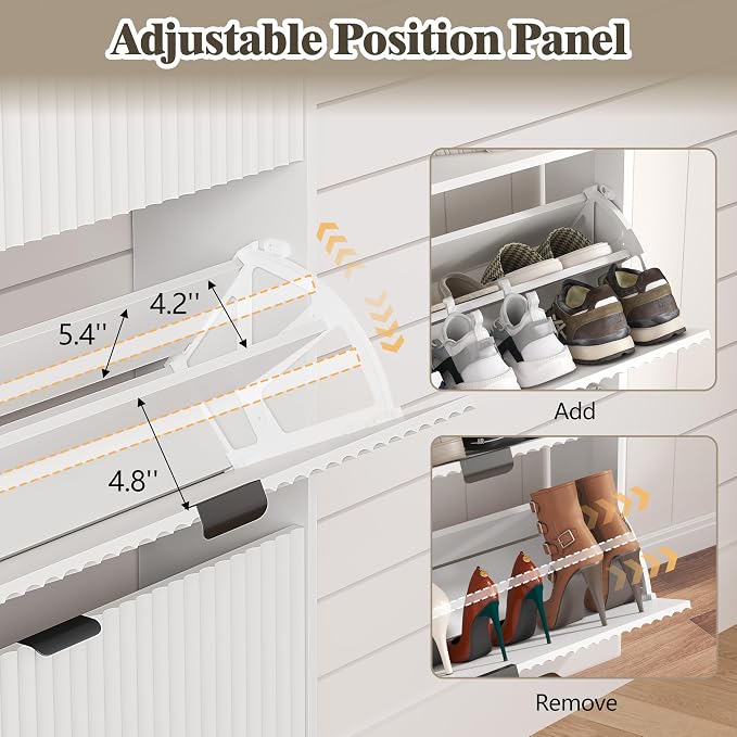 HUANLEGO Shoe Cabinet Storage for Entryway with 2 Flip Drawers, Fluted Narrow Shoe Organizer with Wooden Legs, Freestanding Slim Shoe Storage Hidden Shoe Rack Organizer for Front Door Entrance, White - Image 4