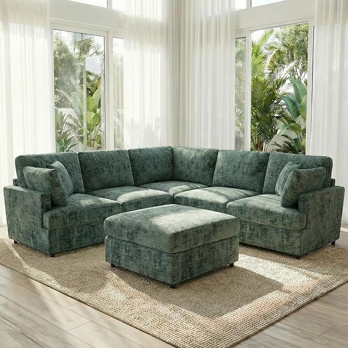 ERYE 122-Inch Modern Corner Modular Sectional Sofa Couches with Ottoman and 4 Toss Pillows, Comfy Chenille Upholstered U-Shaped Sofa Convertible L-Shaped Symmetrical Couch