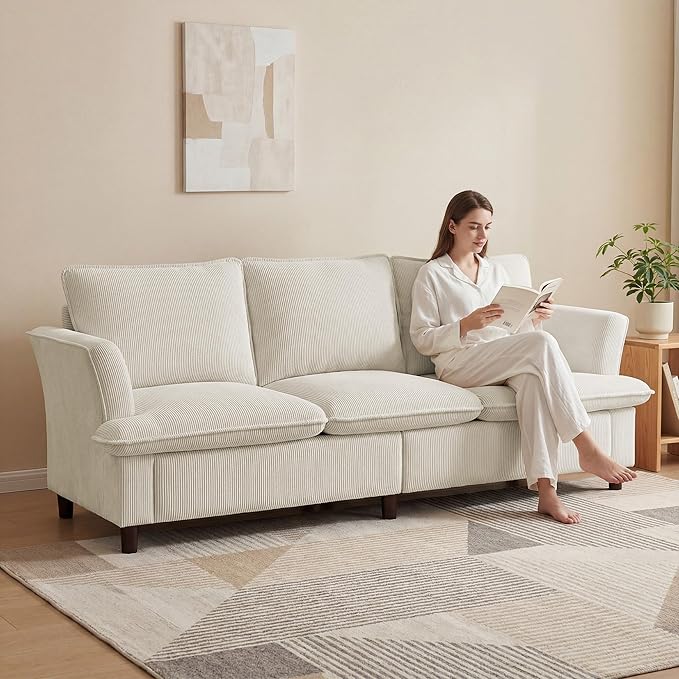 3 Seater Corduroy Couch, 89" Comfy Couch with Deep Seat, Modern Sofa Couch for Living Room, Office, Bedroom, Apartment (Pillows not Included) | Breathable material, Pet - friendly, Strong support