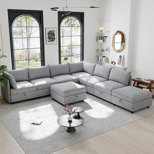 Oversized 8 Seater Modular Storage Sectional Sofa Customizable Seating Group Sofa&Couch Convertible Sleeper Sofabed W/Movable Ottoman & Seat, U-Shaped Chenille Upholstered Sofa Couch for Living Room