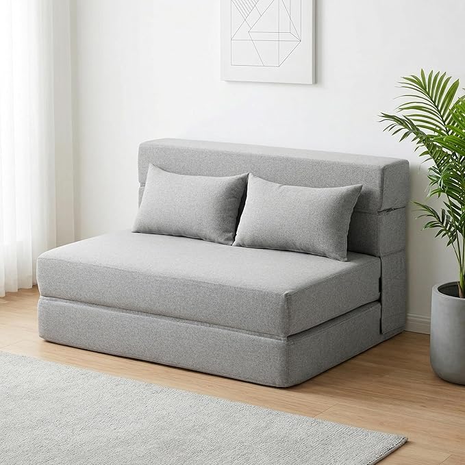 Folding Sofa Bed with Pillows- Convertible Chair Floor Couch & Sleeping Mattress, Foldable Memory Foam Sleeper for Living Room/Dorm/Guest Room/Home Office/Apartment/Loft, Twin, Light Gray