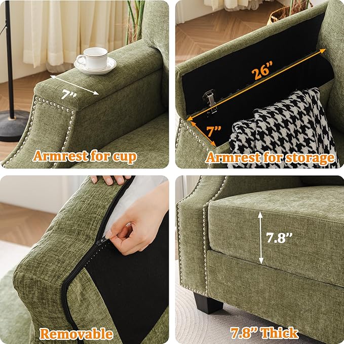 Oversized Accent Chair with Seat Storage,Comfy Living Room Chairs with Armrest Organizer,Oversize Armchair,Upholstered Big Reading Chair,Single Sofa Chair for Bedroom,Velvet,Green