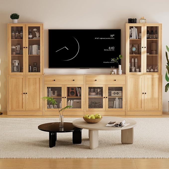 TUSY 71" TV Stand Storage Set - 2 Tall Bookcases & 2 Side Cabinets, Media Console with Glass & Wood Doors, Entertainment Center with Drawers, Tall Media Console for Living Room (Wood, AFFA) - Image 3
